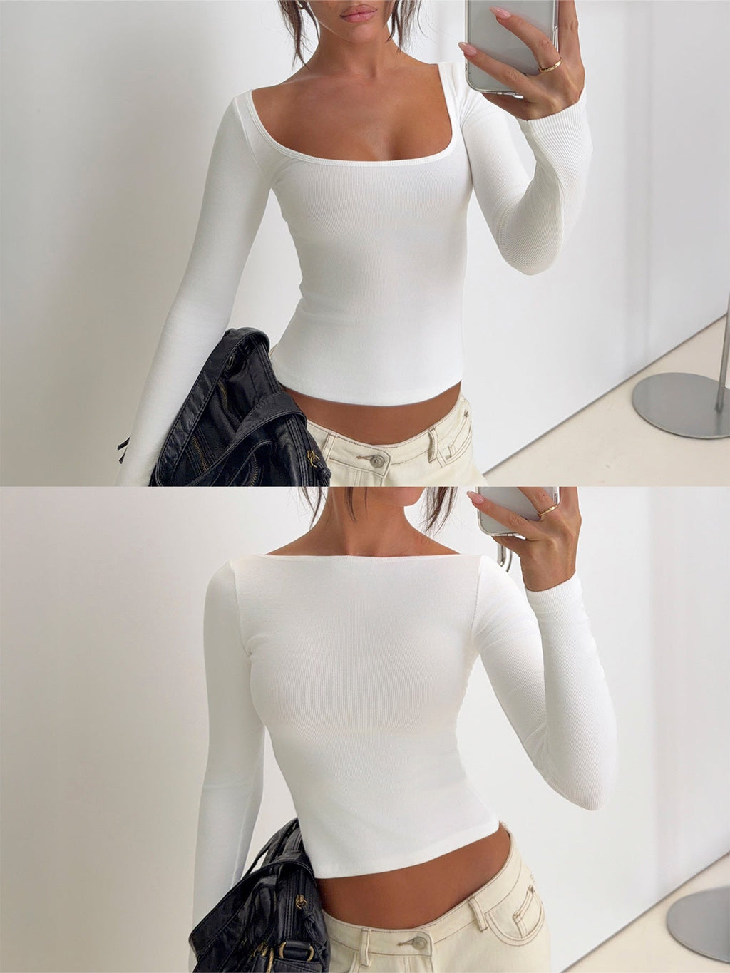 Baseline Rib Scoop Neck Long Sleeve Reversible Top White