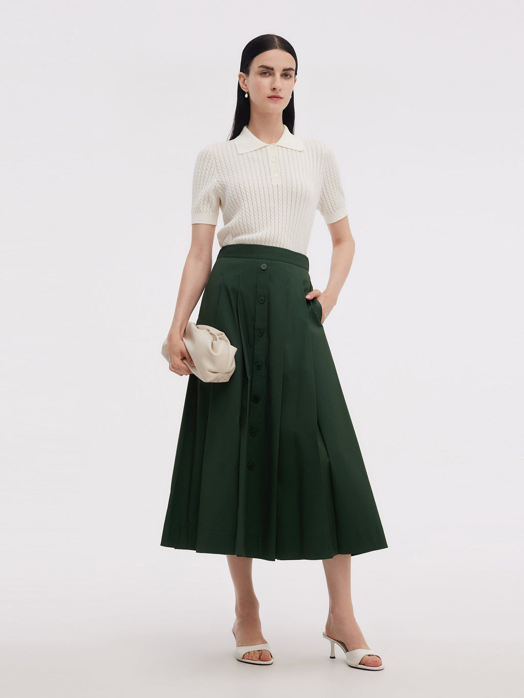 Tencel Blend Openwork Women Knit Polo Top