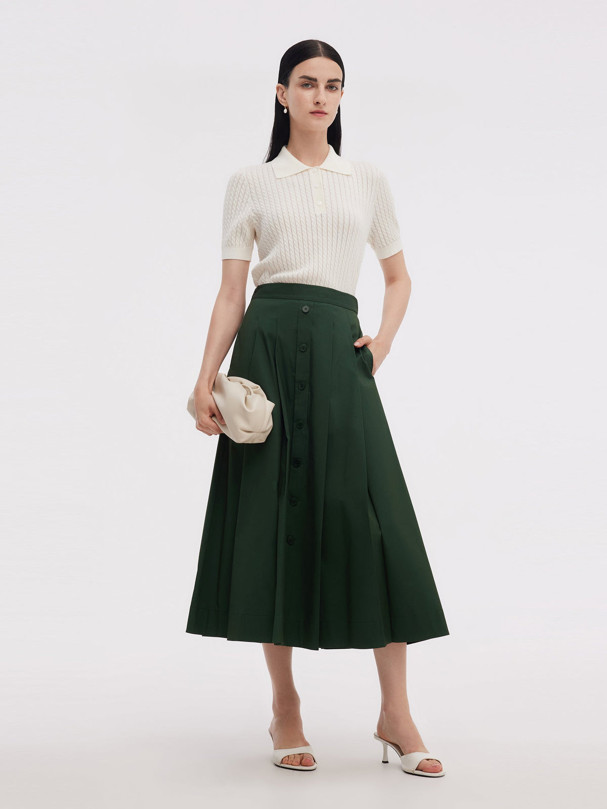 Tencel Blend Openwork Women Knit Polo Top