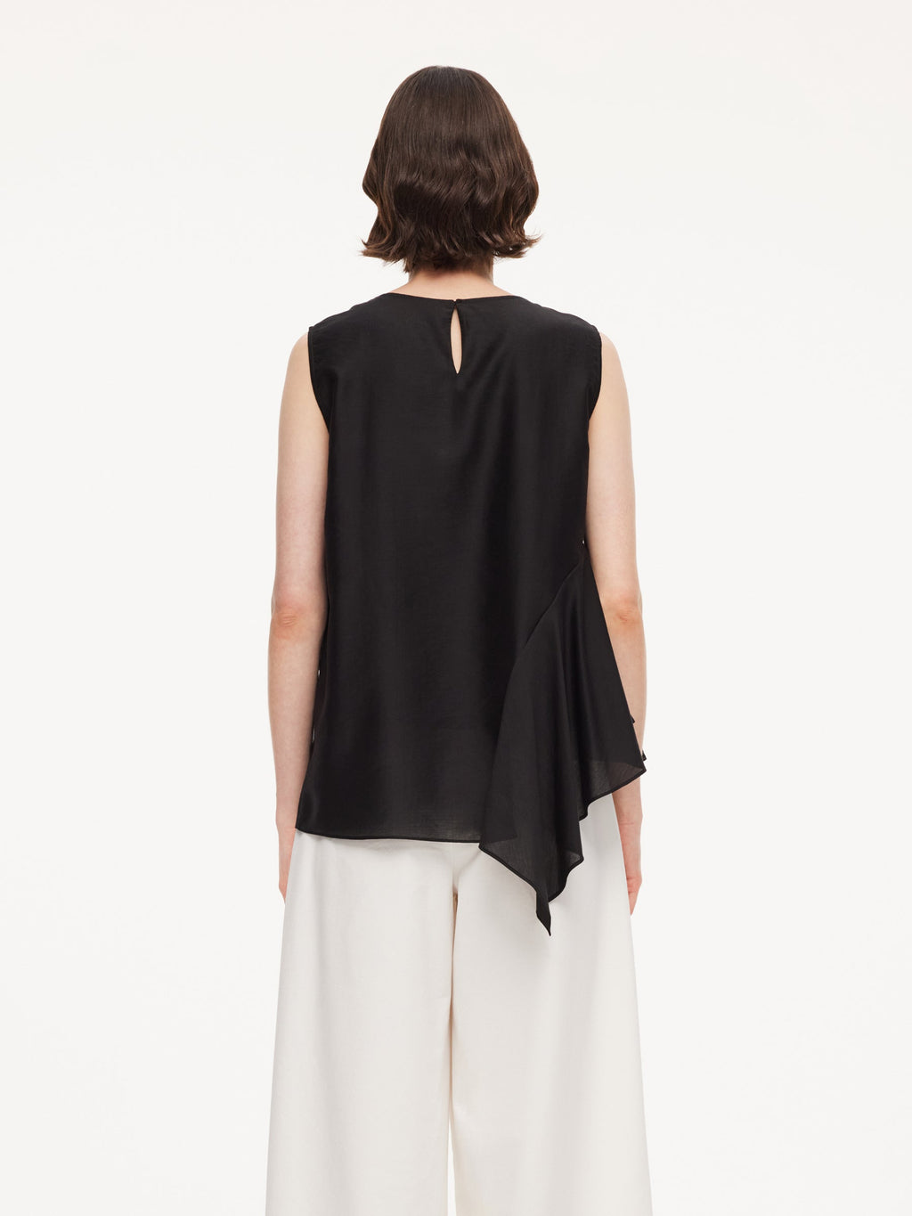 Lyocell Blend Black Ruffle-Detailing Women Tank Top