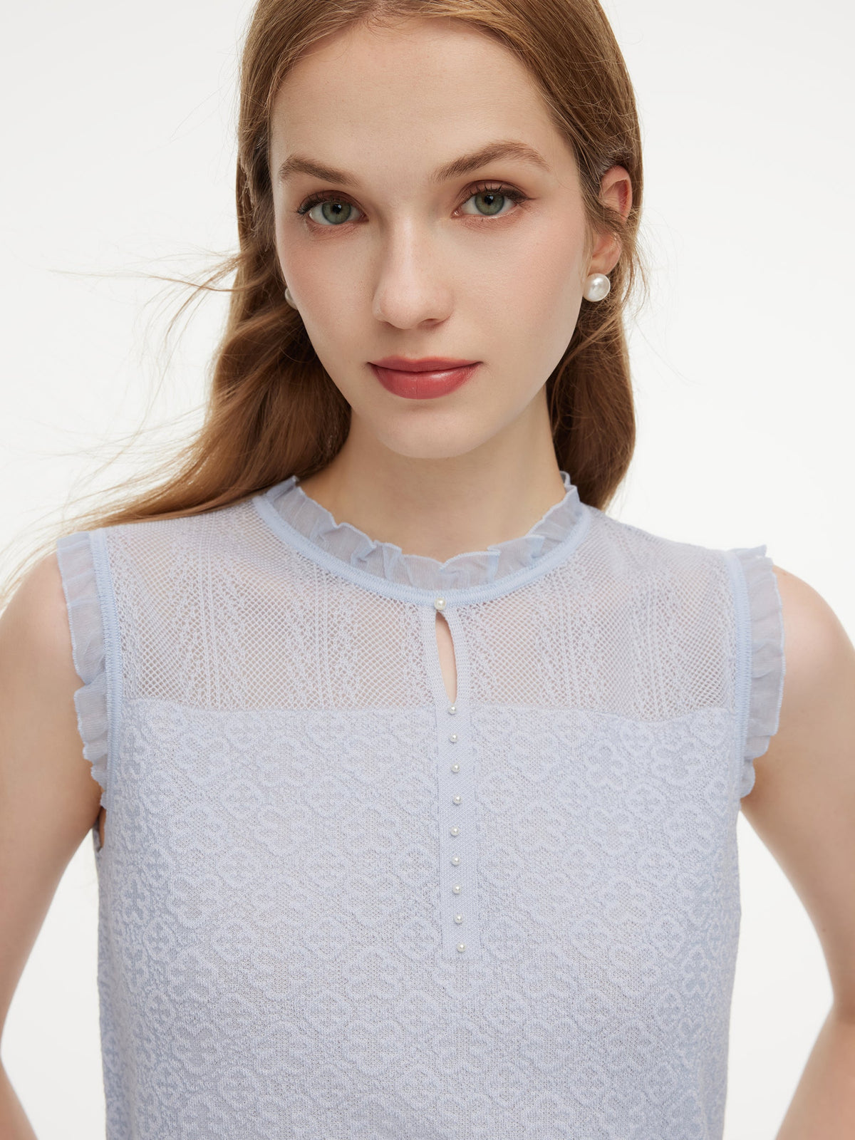 Tencel Wool Blend Jacquard Cut Out Neckline Women Tank Top