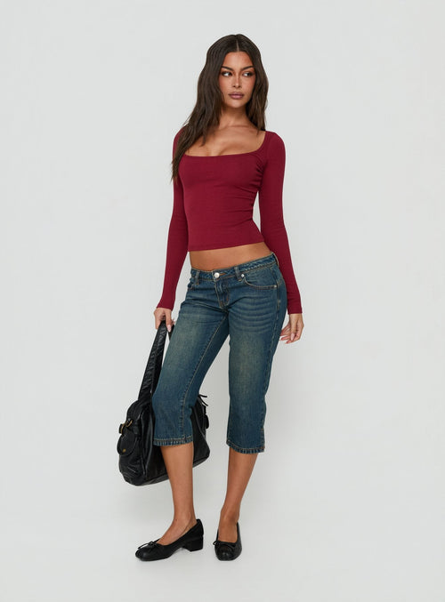 Baseline Rib Scoop Neck Long Sleeve Reversible Top Cherry Lacquer