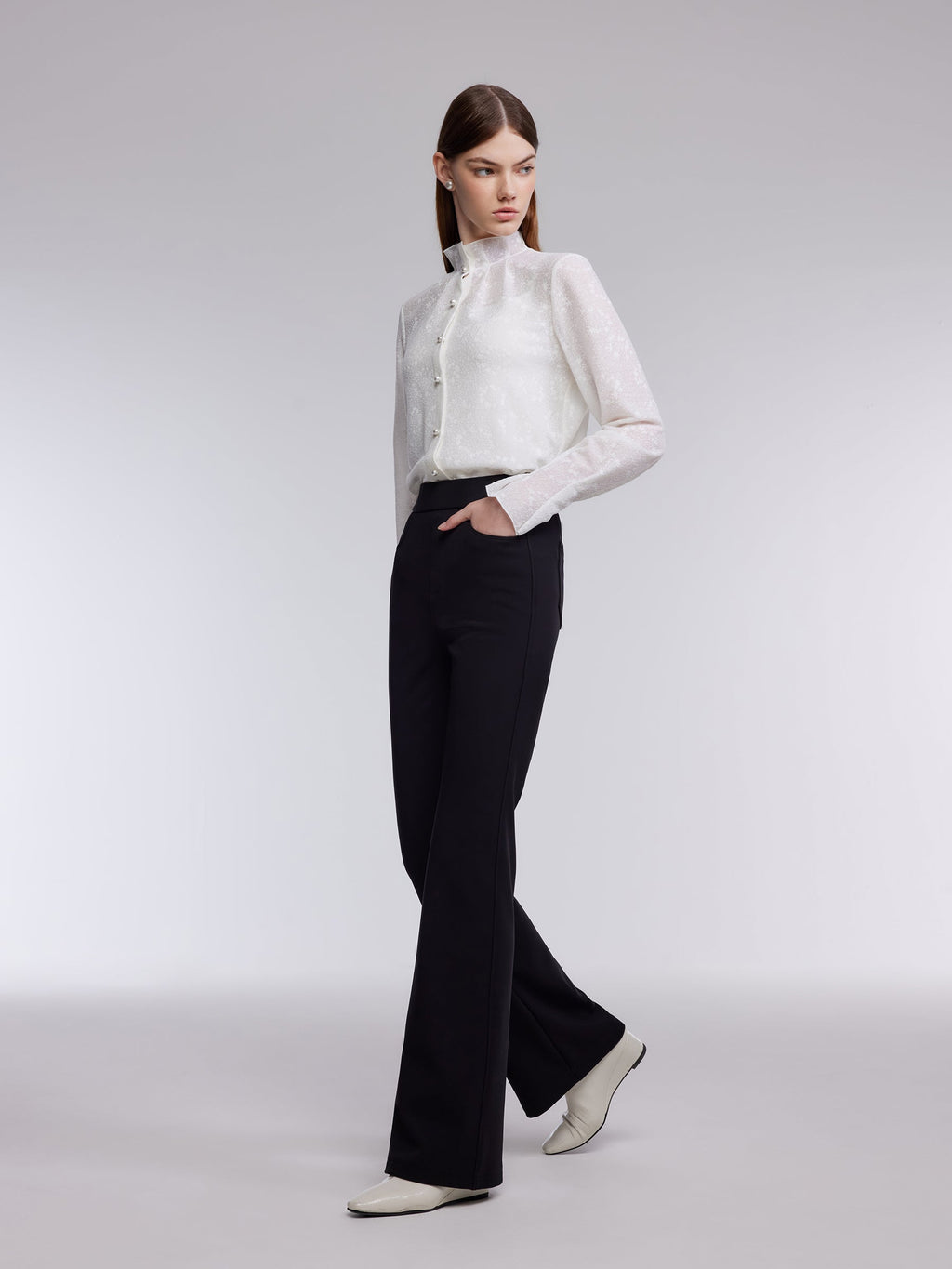 Jacquard Ruffle Collar Women Knit Shirt With Camisole