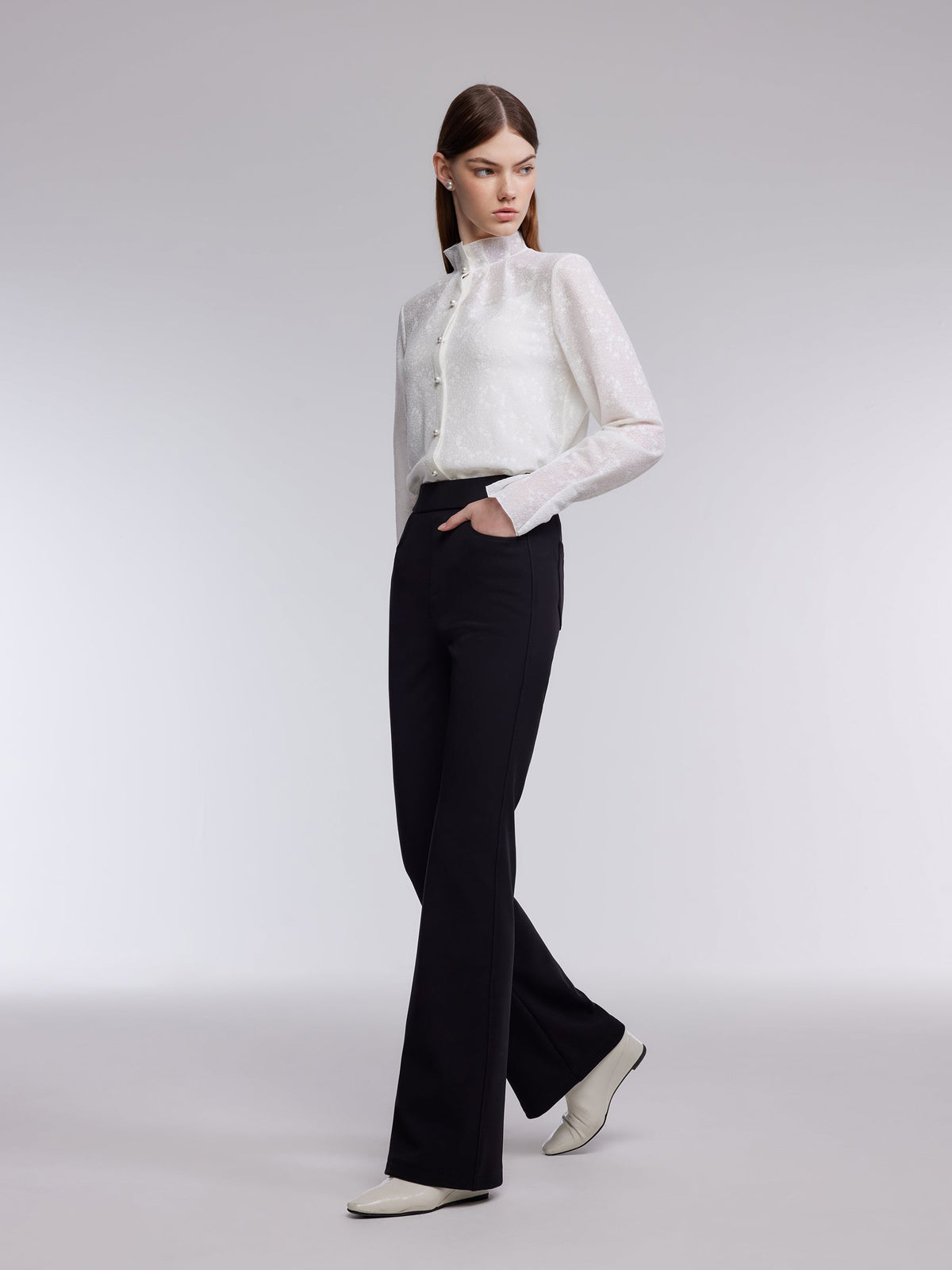 Jacquard Ruffle Collar Women Knit Shirt With Camisole