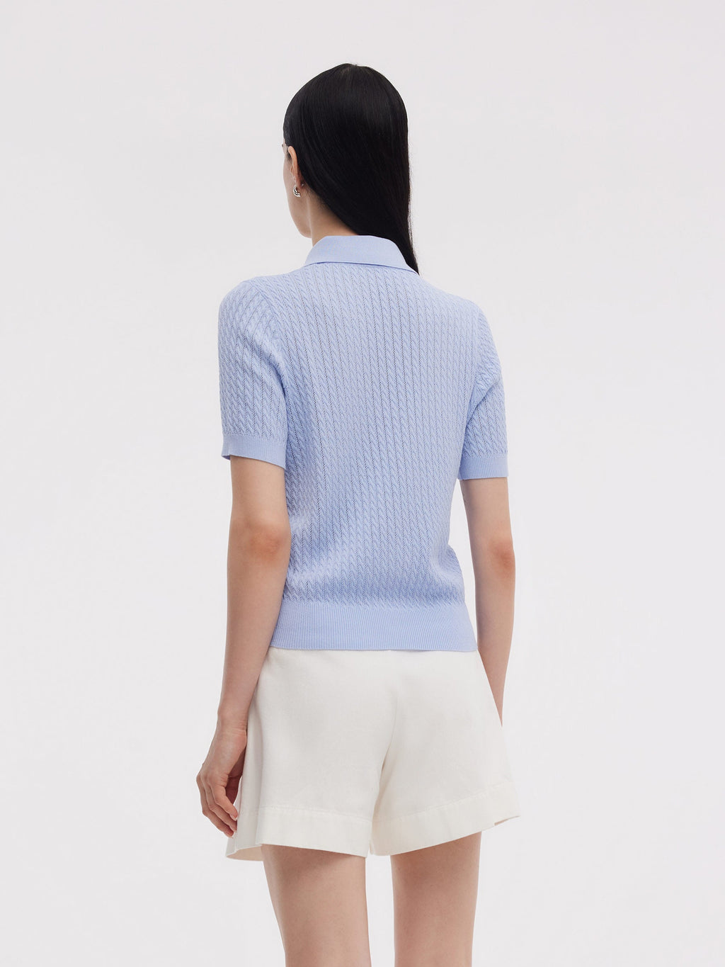 Tencel Blend Openwork Women Knit Polo Top