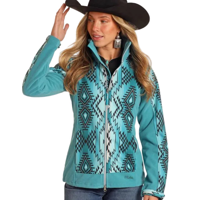 Panhandle Women's Long Sleeve Aztec Printed Softshell Jacket- Turquoise