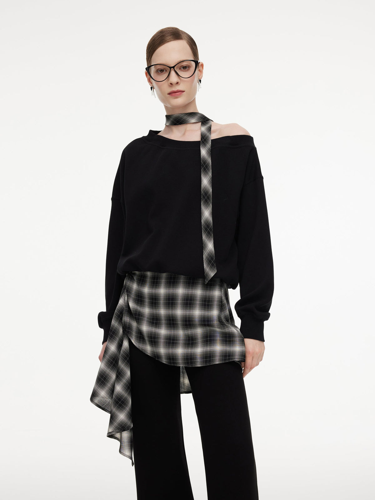 Cotton Scuba One-Shoulder Women Sweatshirt With Plaid Ribbon