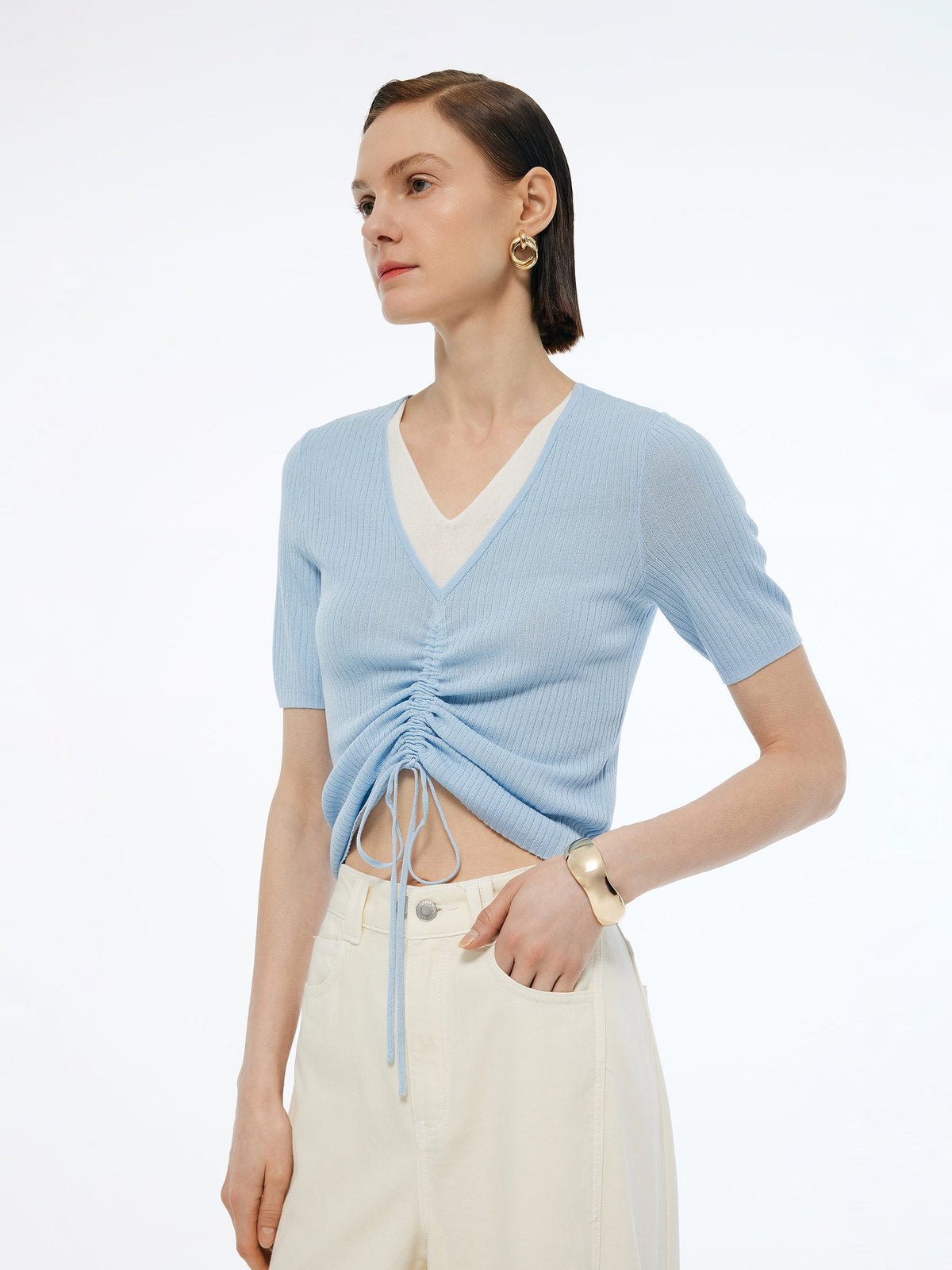 Lyocell Blend Drawstring Women Patchwork Knit Top