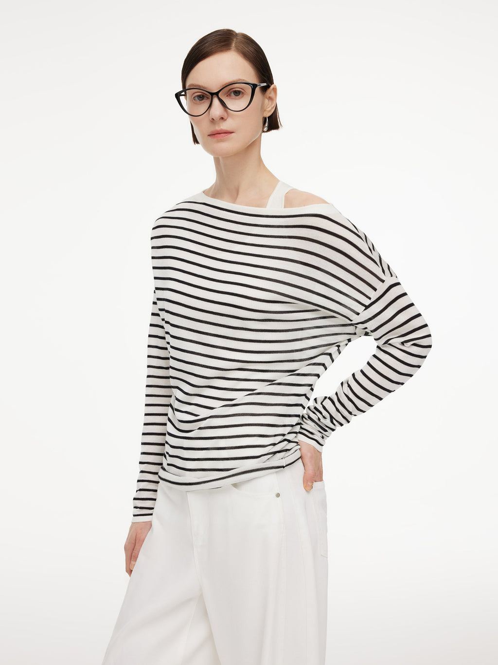 Triacetate Tencel Blend Stripe Boat Neck Top And Tank Top Two-Piece Set