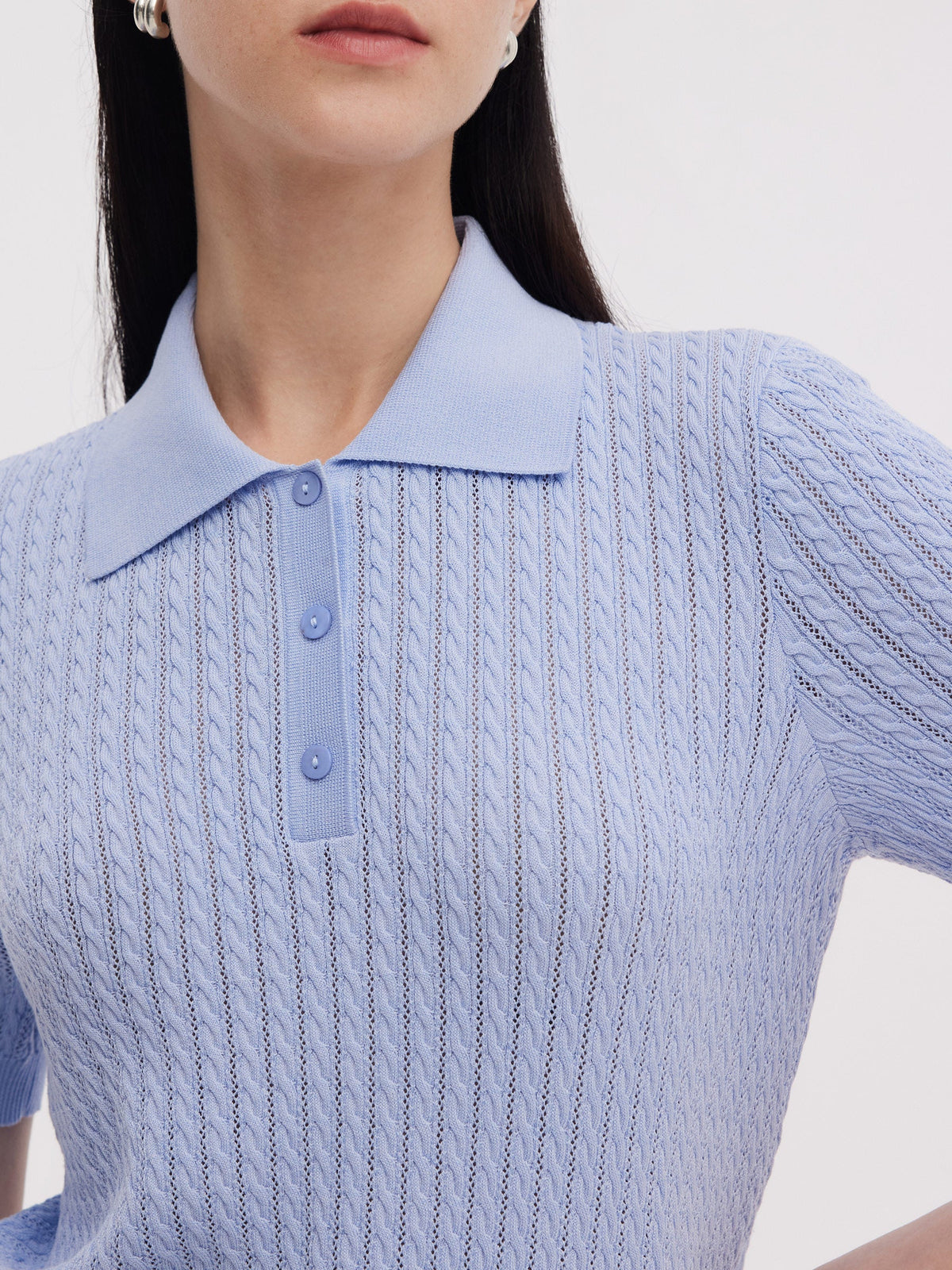 Tencel Blend Openwork Women Knit Polo Top