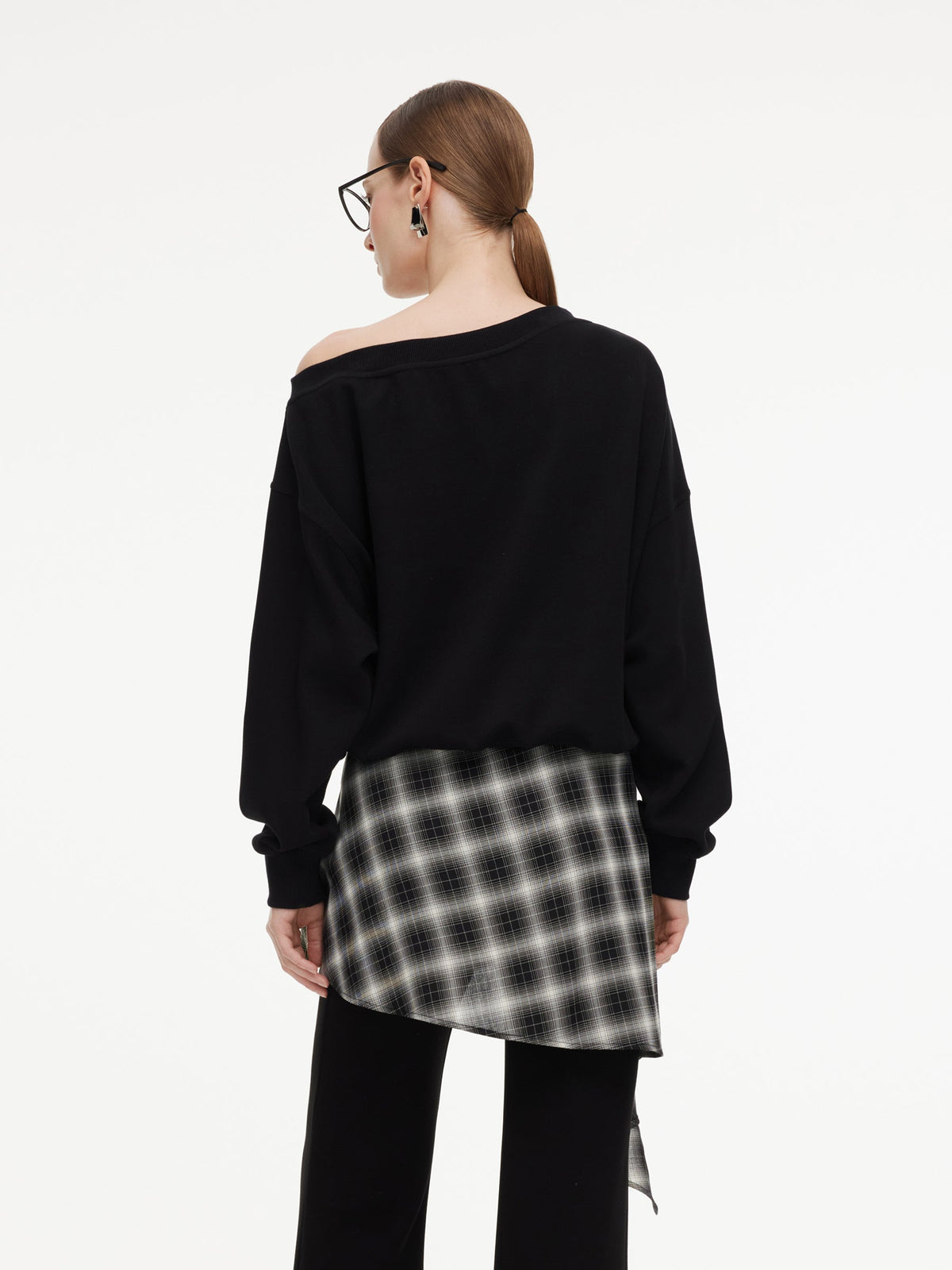 Cotton Scuba One-Shoulder Women Sweatshirt With Plaid Ribbon