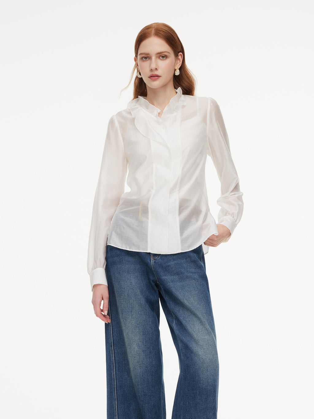 Tencel Blend Ruffle Neck Women Shirt With Knit Camisole