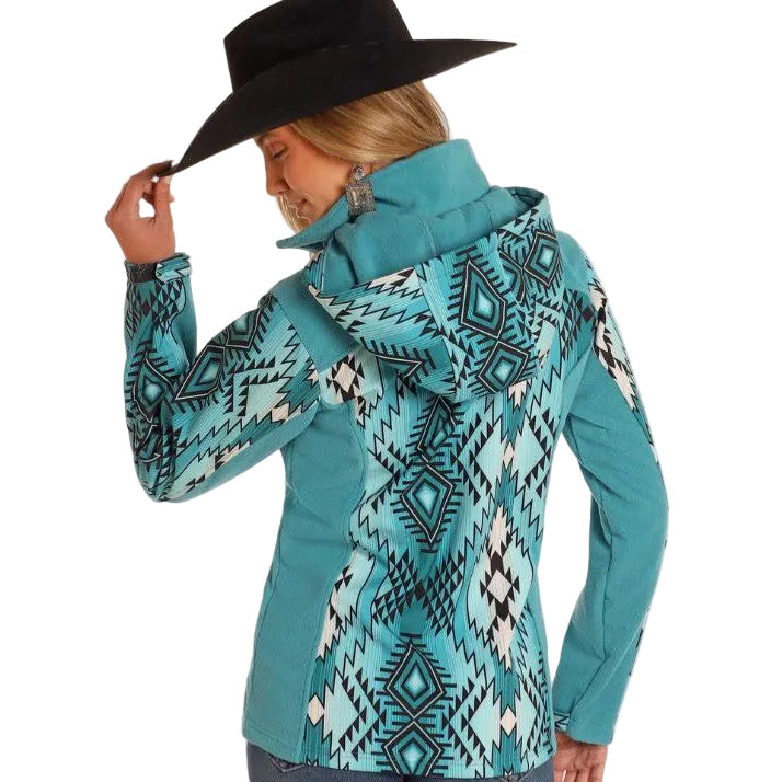 Panhandle Women's Long Sleeve Aztec Printed Softshell Jacket- Turquoise