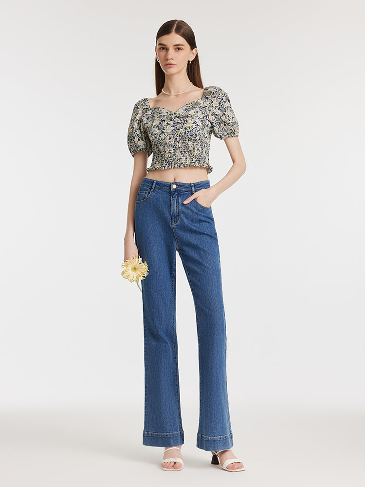Floral Print Square Neck Puff Sleeves Women Blouse