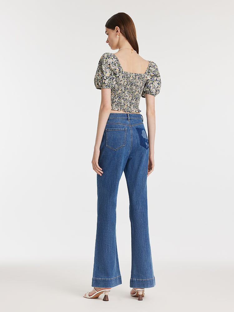 Floral Print Square Neck Puff Sleeves Women Blouse