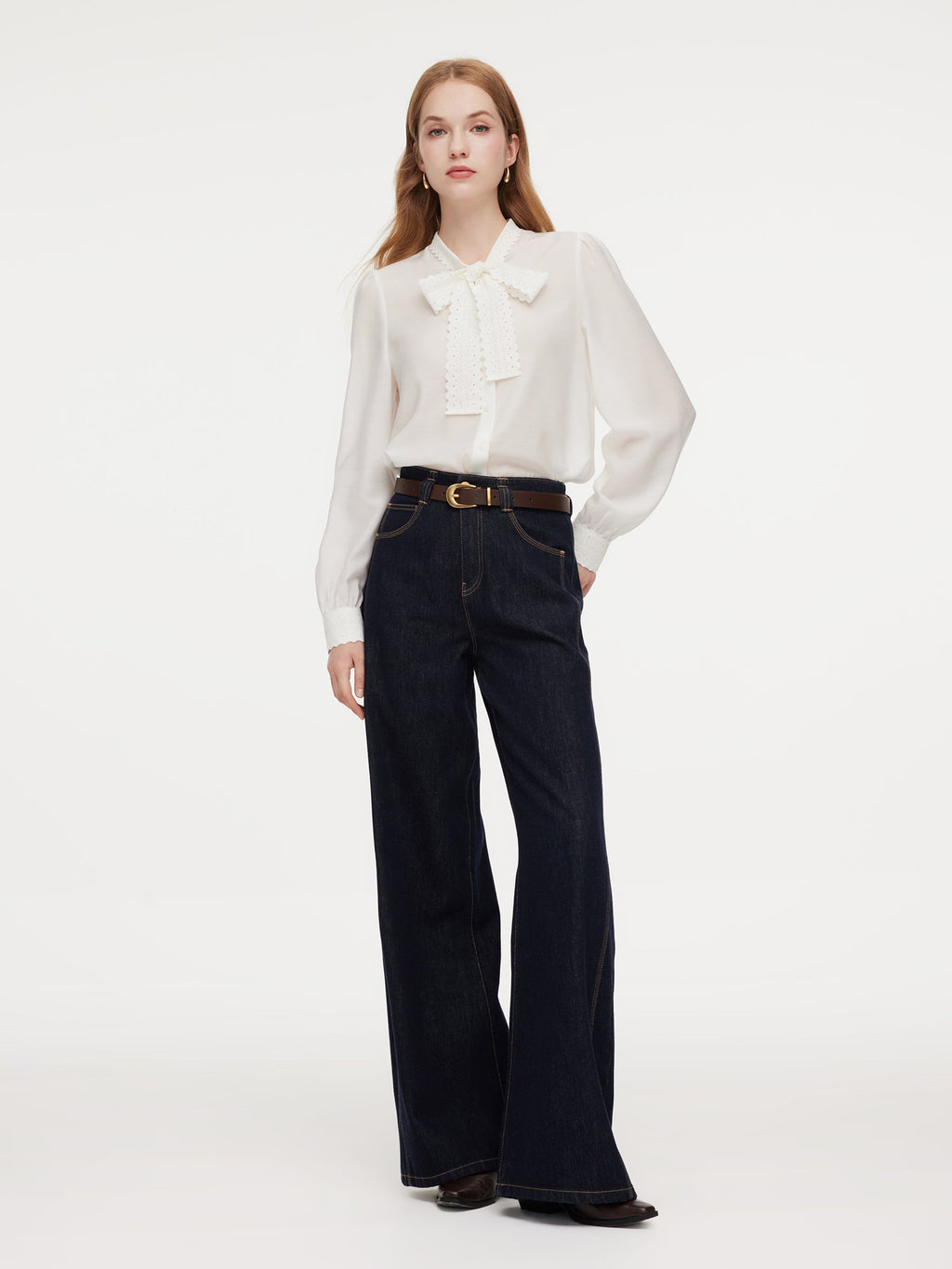Acetate Blend Lace Bow Tie Women Shirt