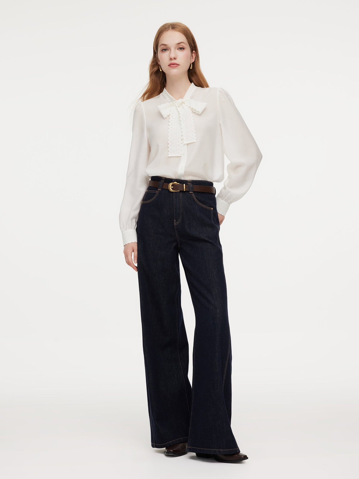 Acetate Blend Lace Bow Tie Women Shirt