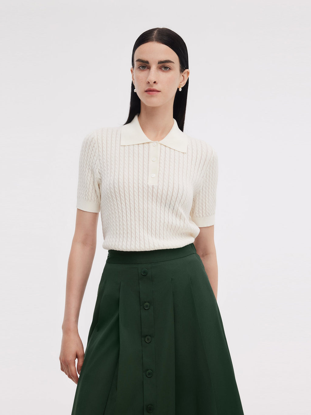 Tencel Blend Openwork Women Knit Polo Top
