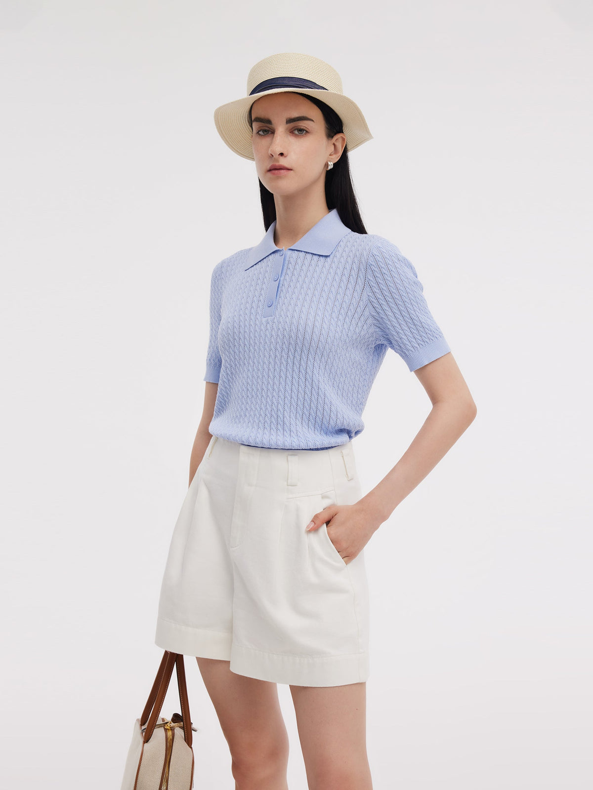 Tencel Blend Openwork Women Knit Polo Top