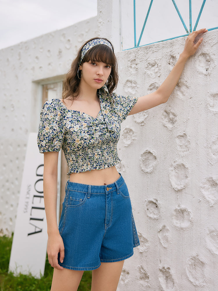 Floral Print Square Neck Puff Sleeves Women Blouse