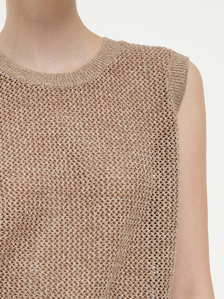 Pre-Order Linen Sequin-Embellished Women Open-Knit Tank Top