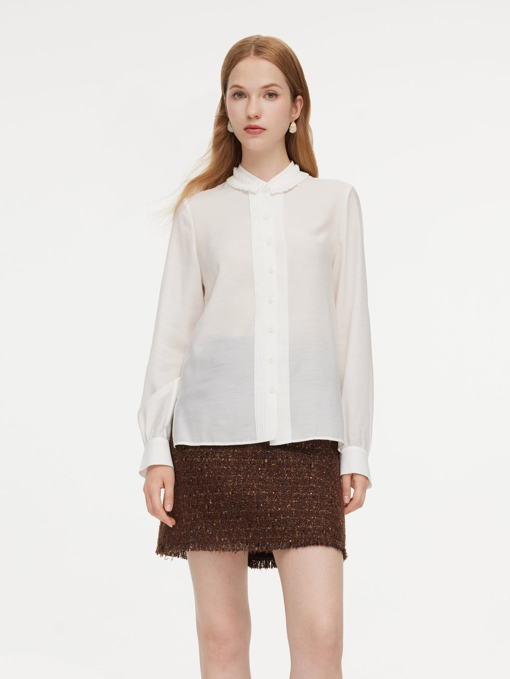 Acetate Blend Pleated Ruffle Collar Women Shirt