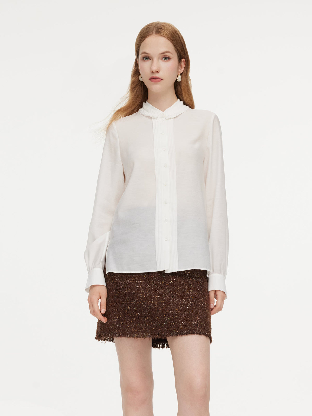 Acetate Blend Pleated Ruffle Collar Women Shirt