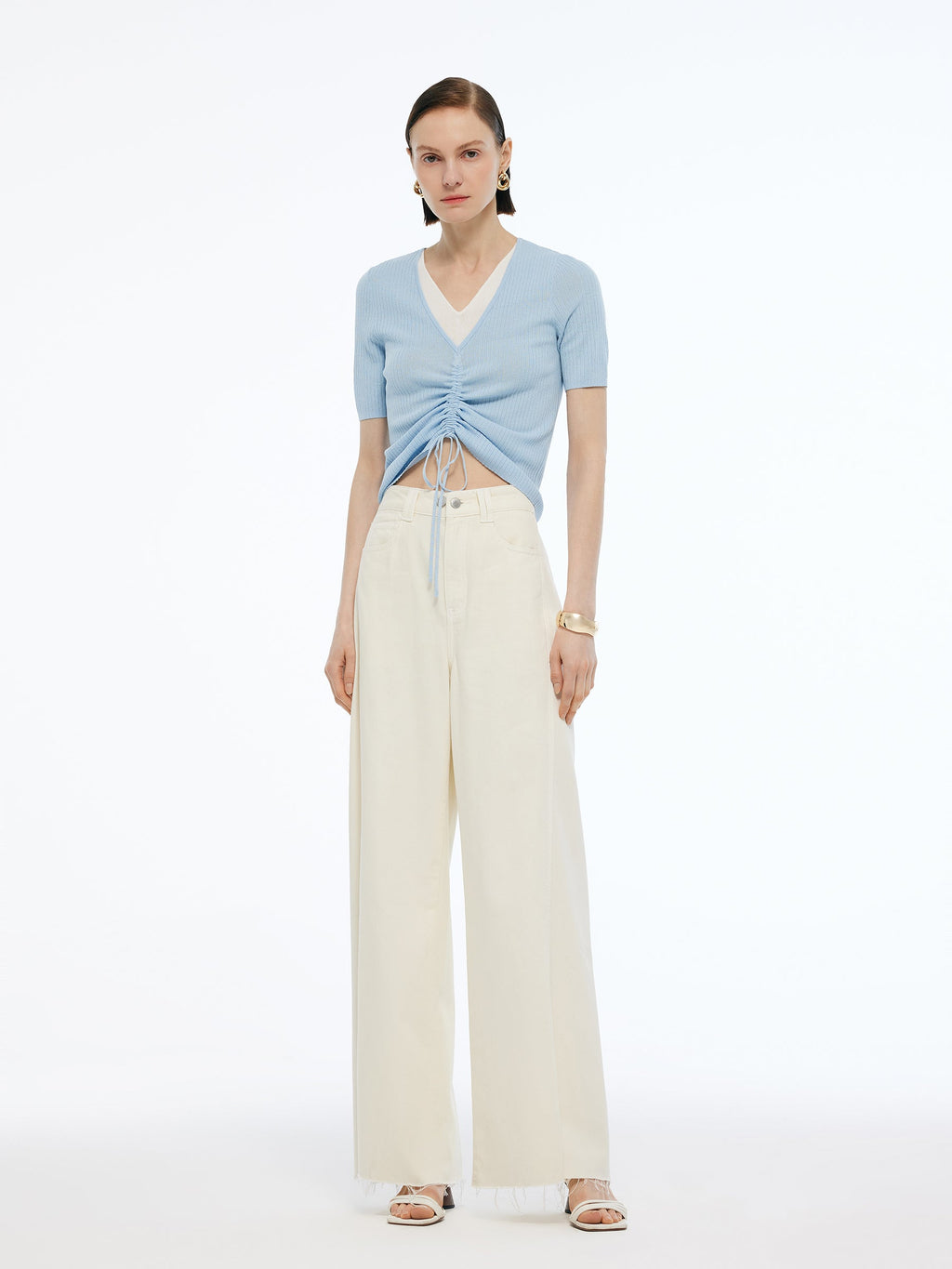 Lyocell Blend Drawstring Women Patchwork Knit Top