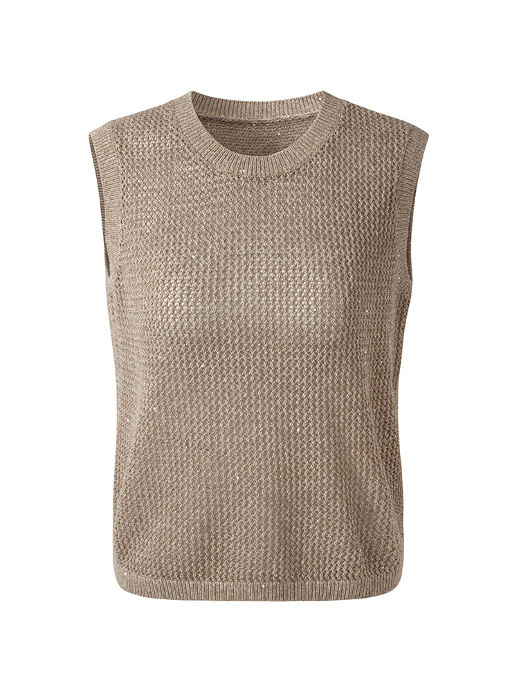 Pre-Order Linen Sequin-Embellished Women Open-Knit Tank Top
