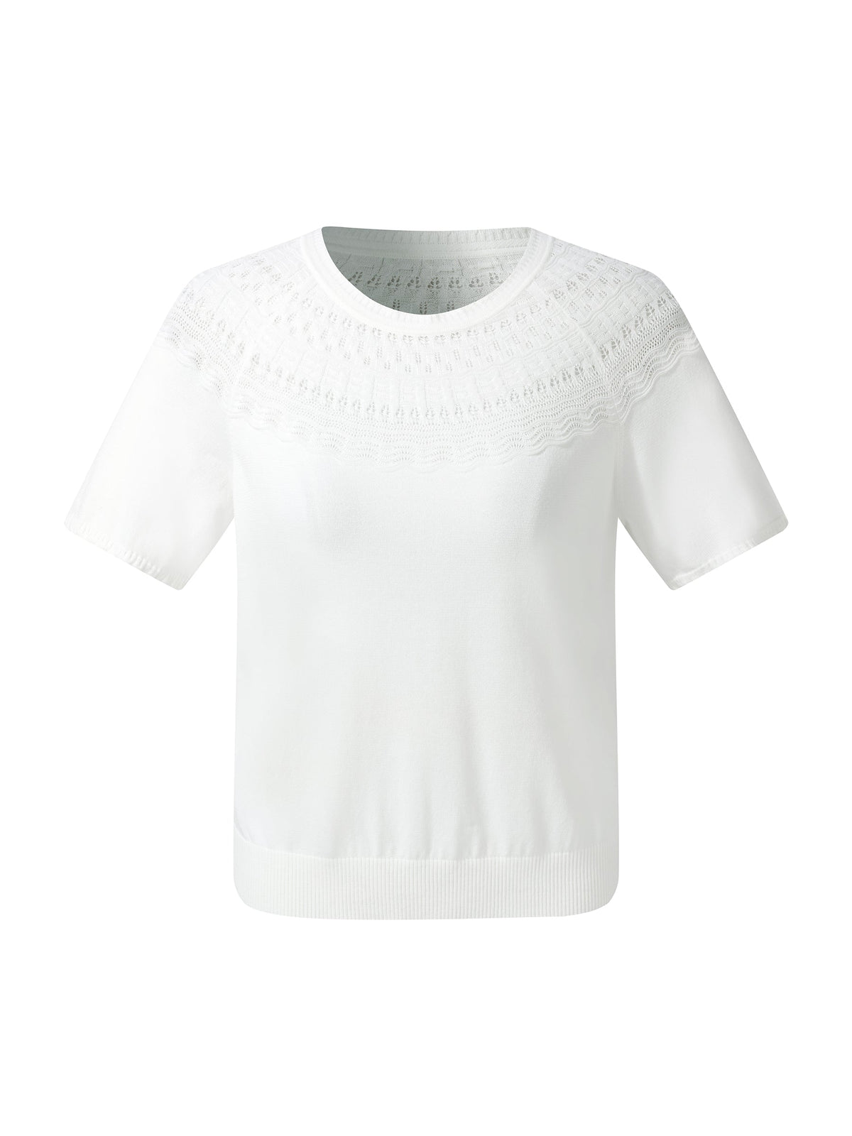 Tencel Blend Openwork Women Ruffle Round Neck Knit Top