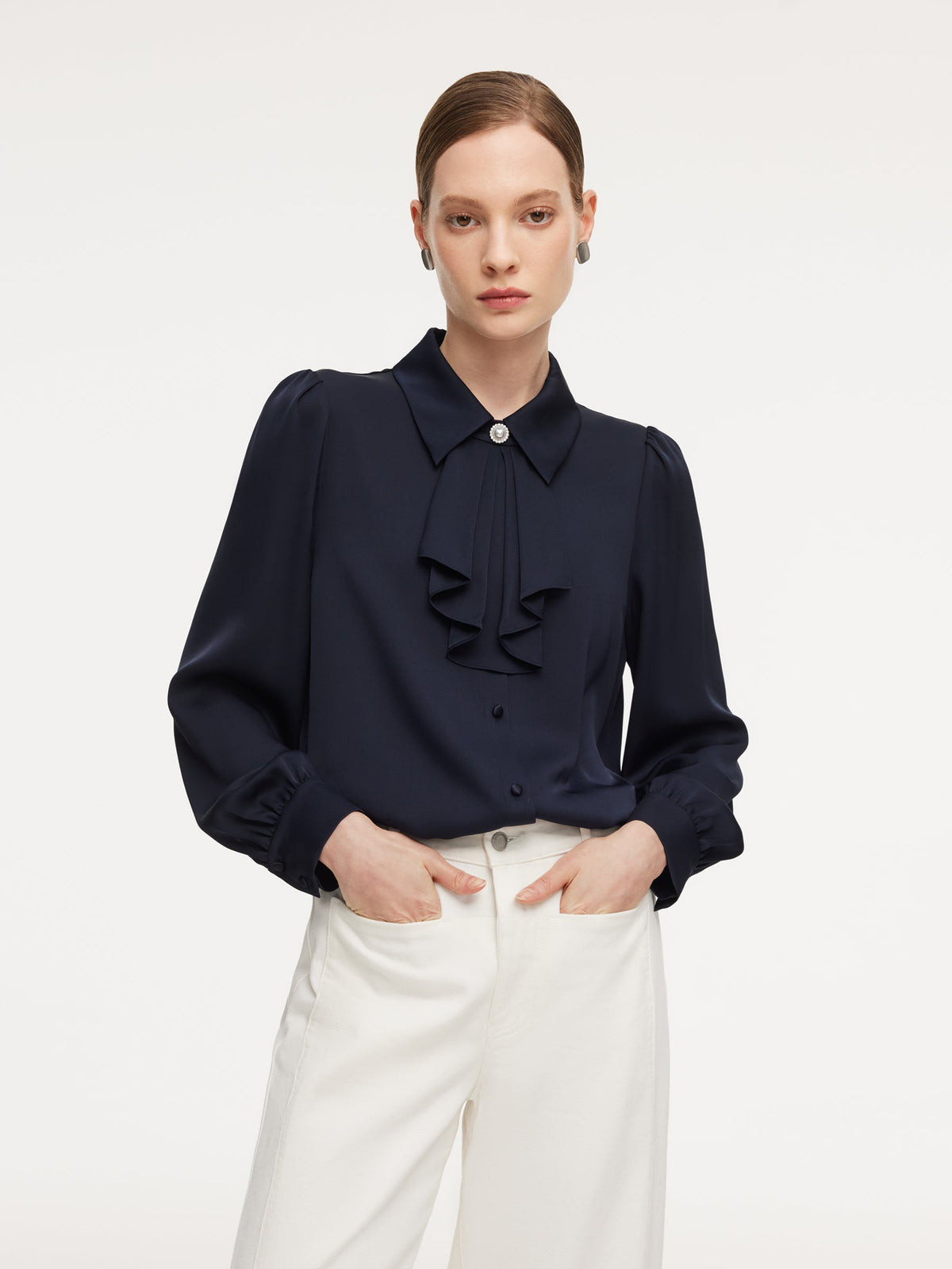 22MM Mulberry Silk Women Shirt With Detachable Ruffle Detail