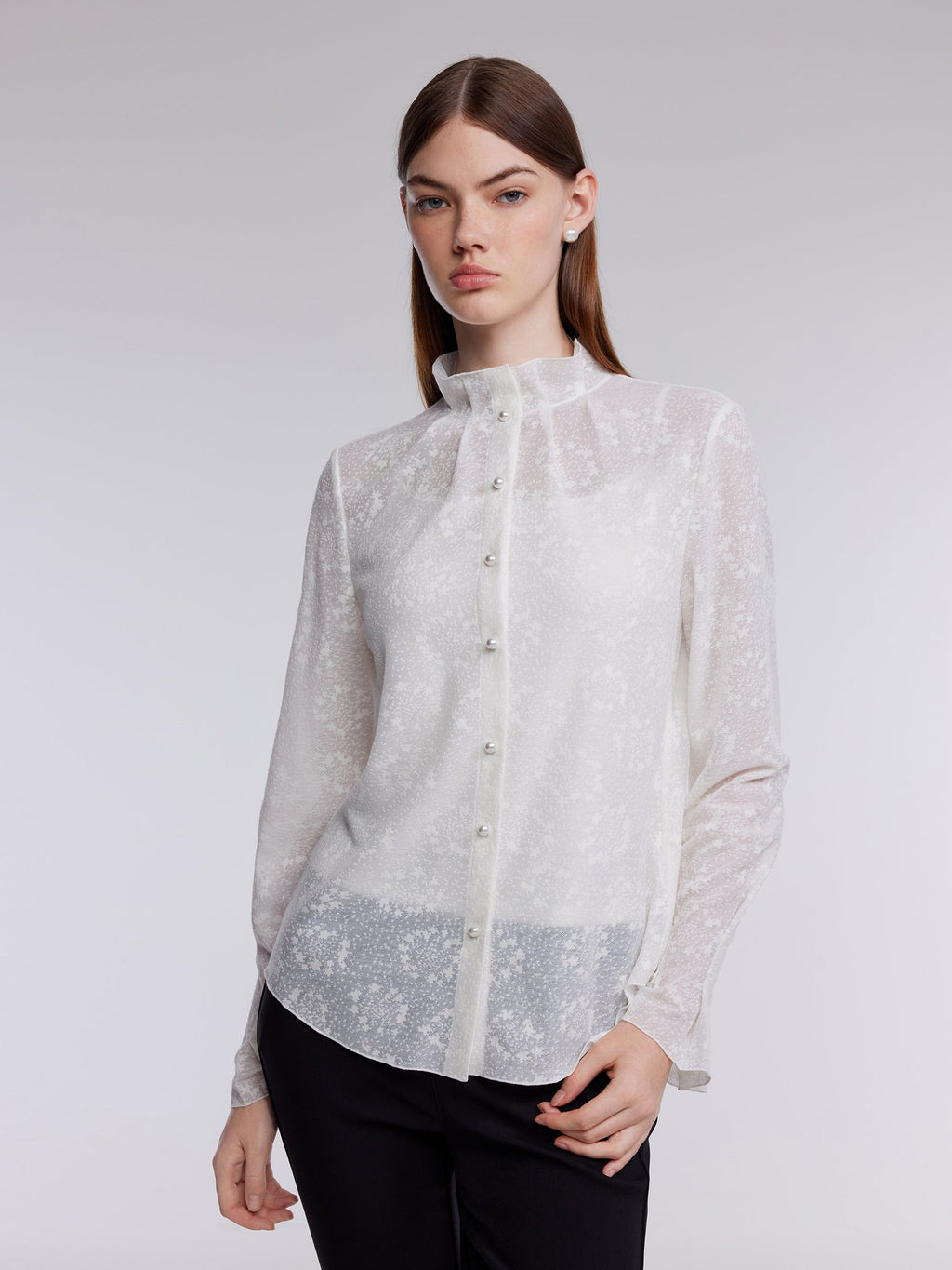 Jacquard Ruffle Collar Women Knit Shirt With Camisole