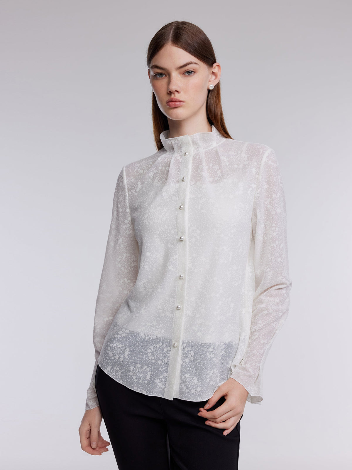 Jacquard Ruffle Collar Women Knit Shirt With Camisole