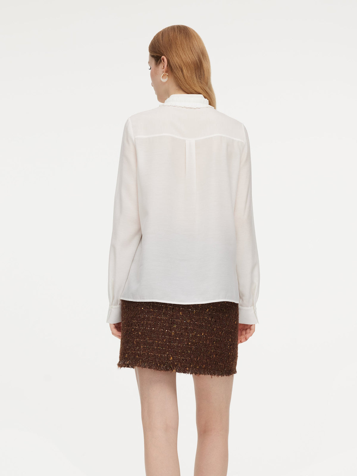 Acetate Blend Pleated Ruffle Collar Women Shirt