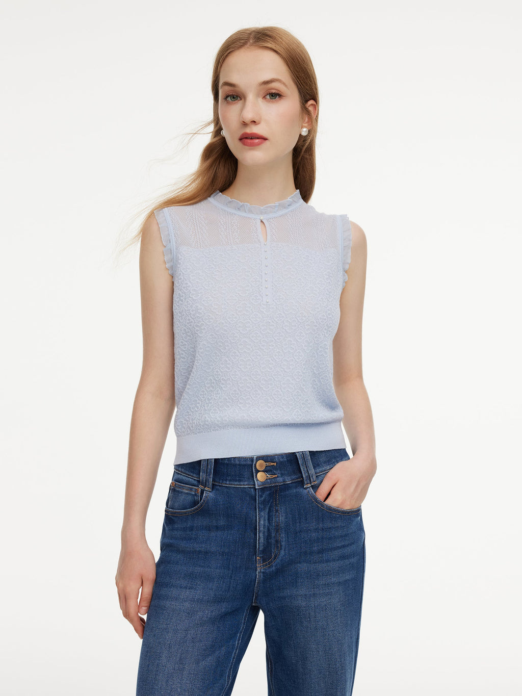 Tencel Wool Blend Jacquard Cut Out Neckline Women Tank Top