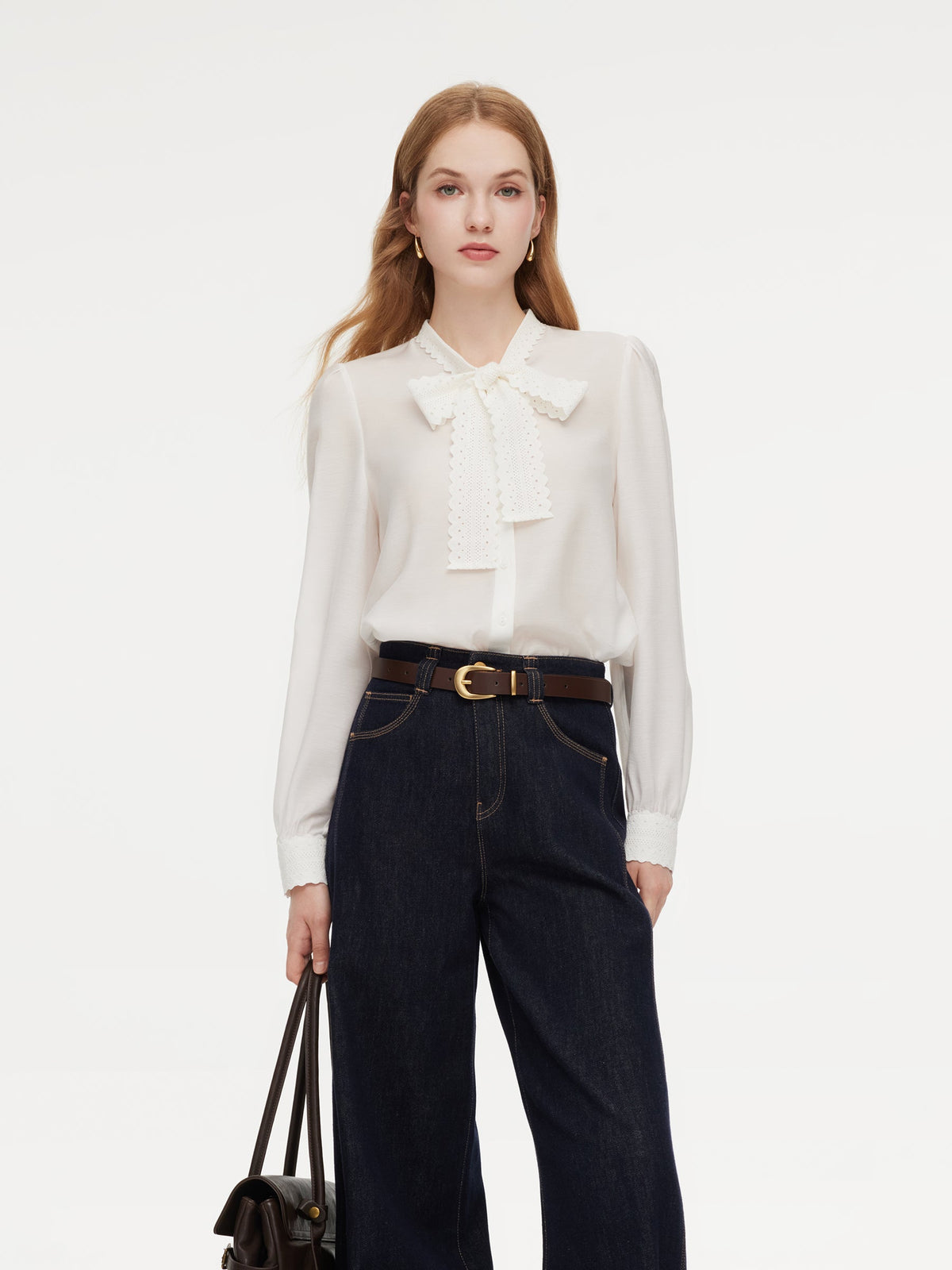 Acetate Blend Lace Bow Tie Women Shirt
