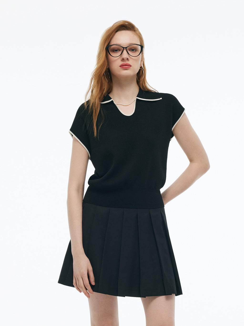 Tencel Blend Contrast Trim Women Knit Top