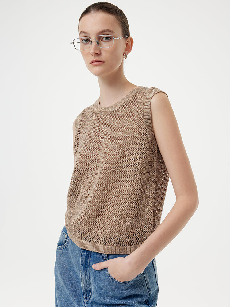 Pre-Order Linen Sequin-Embellished Women Open-Knit Tank Top