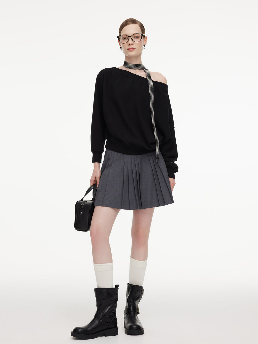 Cotton Scuba One-Shoulder Women Sweatshirt With Plaid Ribbon