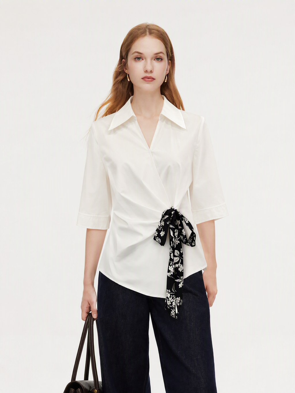 100% Cotton Side Twist Women Blouse With Silky Scarf
