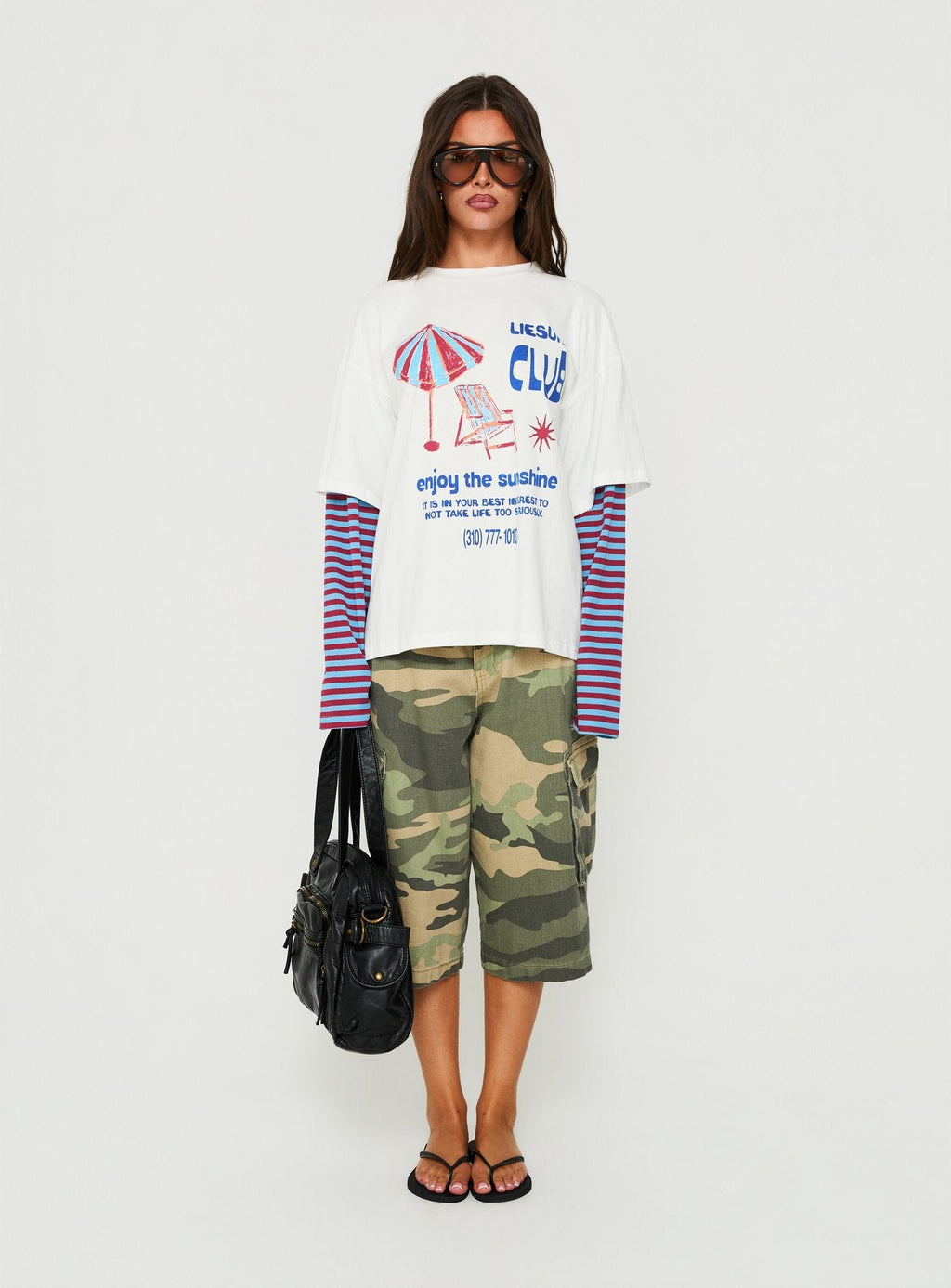Enjoy The Sunshine Layered Long Sleeve Graphic Tee White / Blue Stripe
