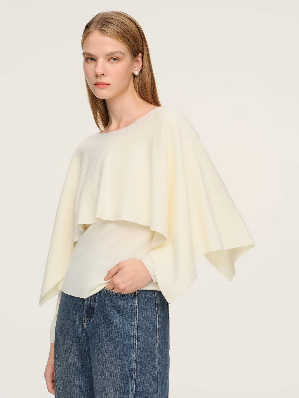 Tencel Wool Blend Women Knit Top With Pullover Cape