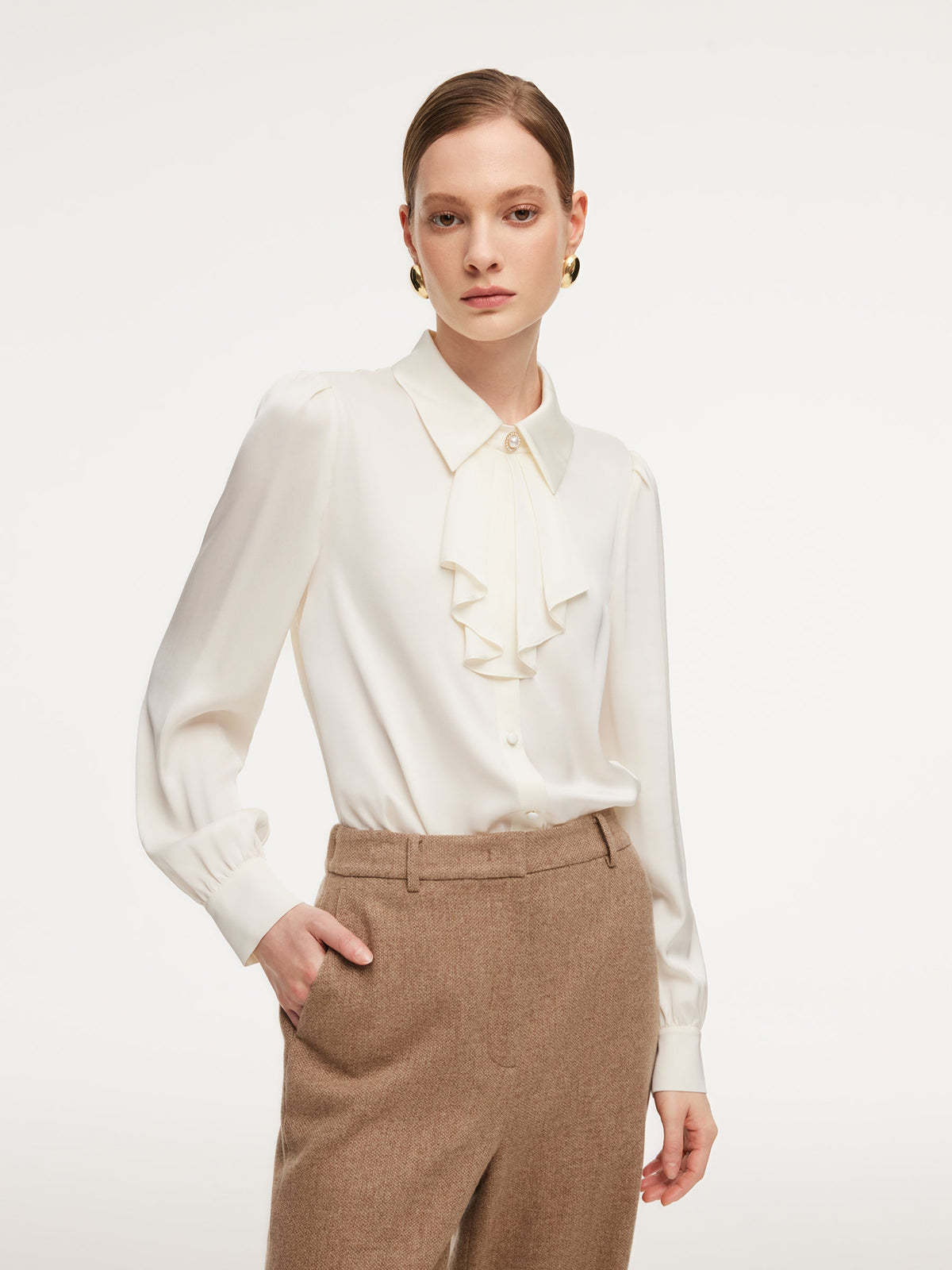 22MM Mulberry Silk Women Shirt With Detachable Ruffle Detail