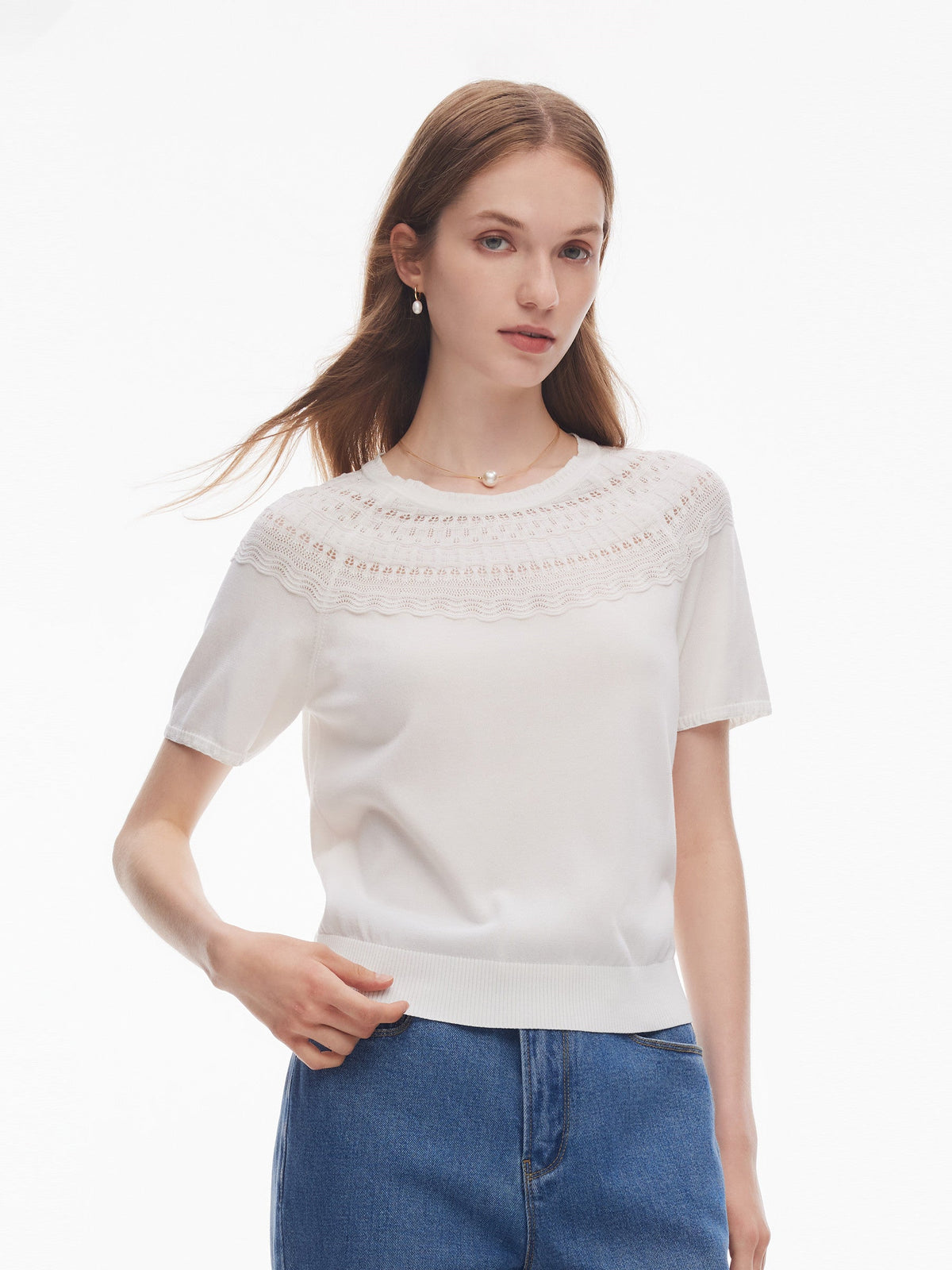 Tencel Blend Openwork Women Ruffle Round Neck Knit Top