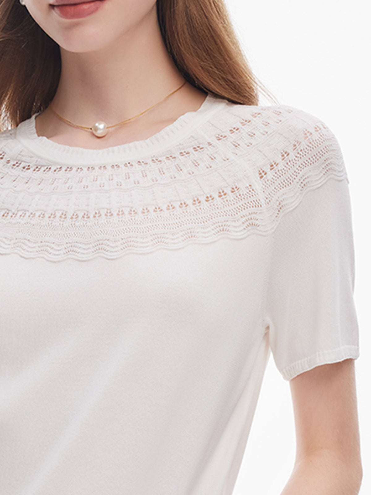 Tencel Blend Openwork Women Ruffle Round Neck Knit Top