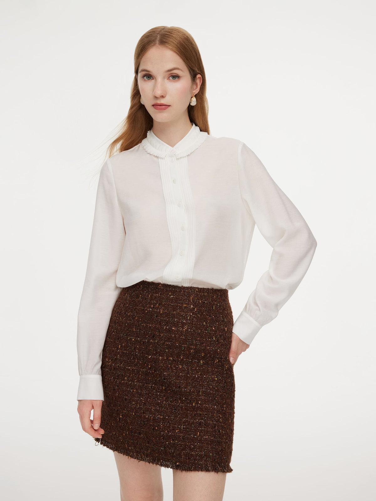 Acetate Blend Pleated Ruffle Collar Women Shirt