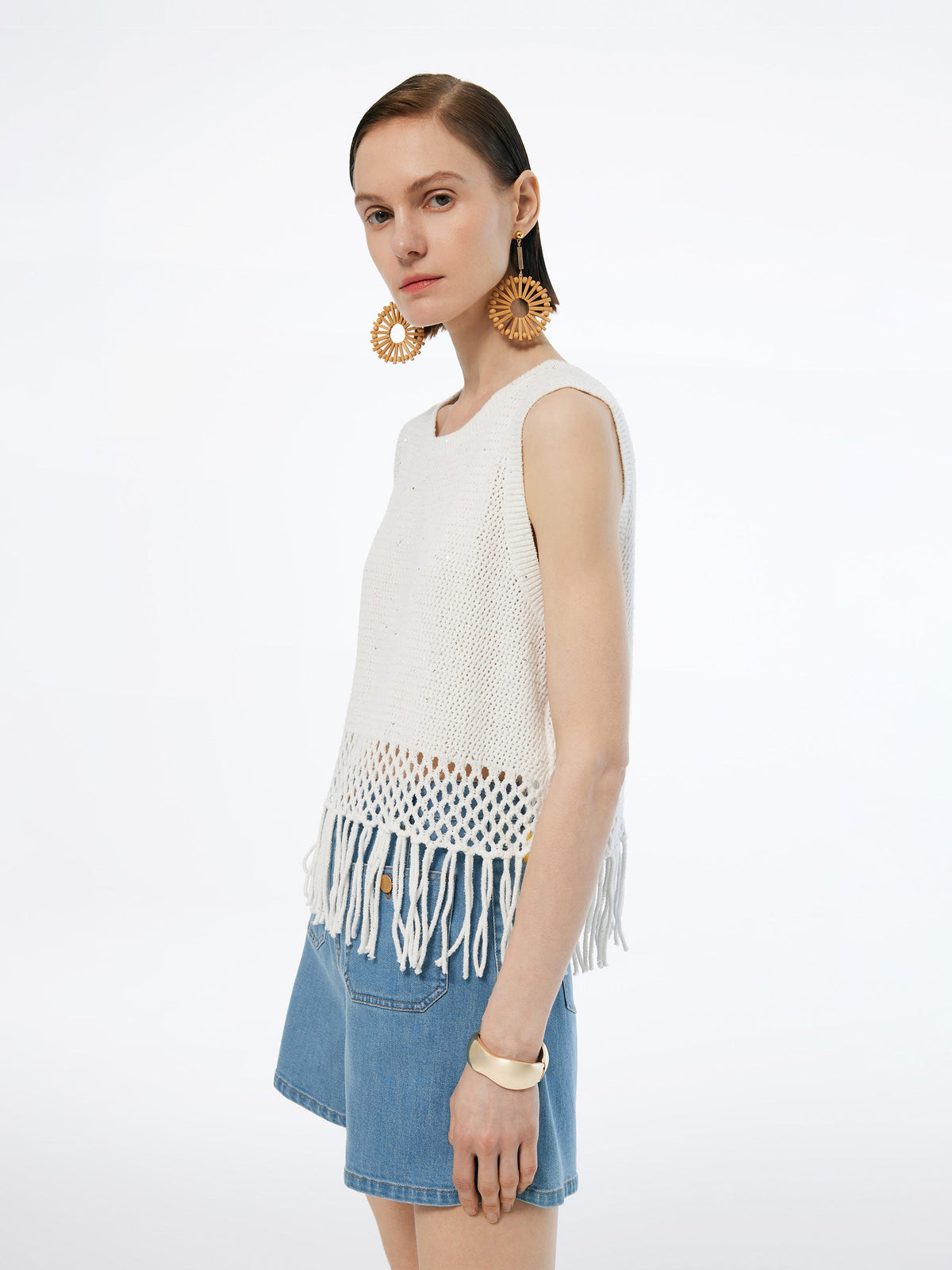 Sequins Tassel Hem Women Openwork Knit Tank Top