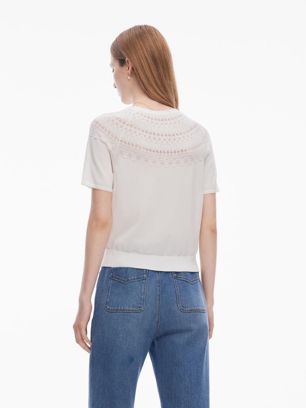 Tencel Blend Openwork Women Ruffle Round Neck Knit Top