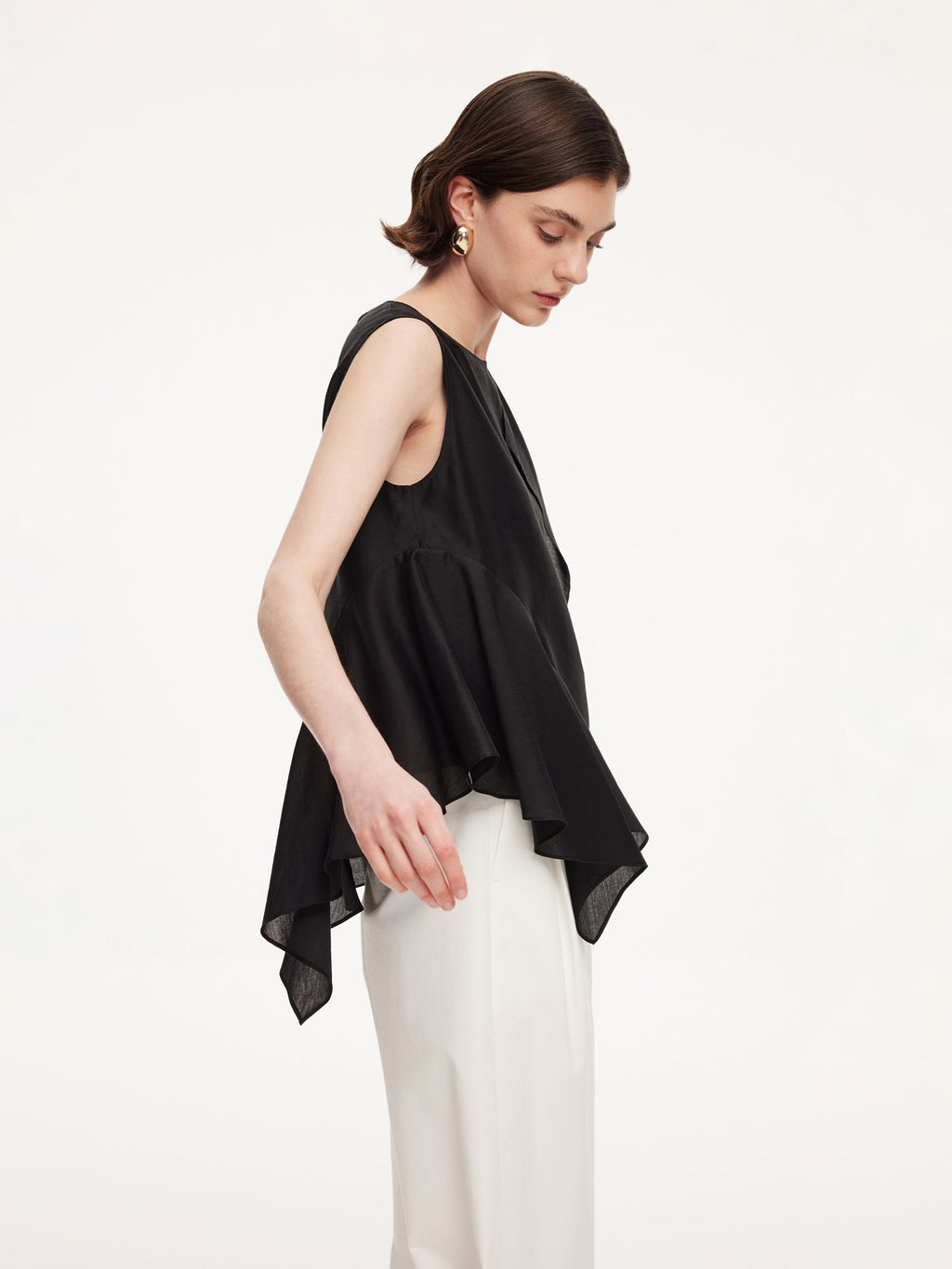 Lyocell Blend Black Ruffle-Detailing Women Tank Top