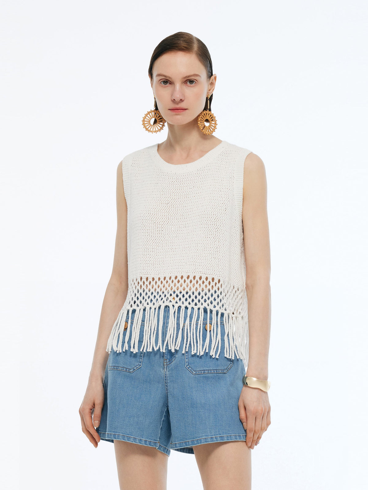 Sequins Tassel Hem Women Openwork Knit Tank Top